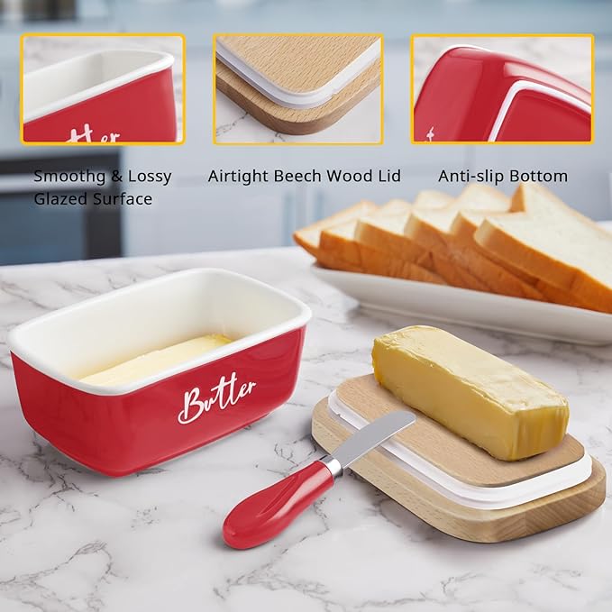 ALELION Red Butter Dish with Lid and Knife for Countertop, Ceramic Butter Container with Beech Wood Lid, Airtight Butter Keeper for Counter, for Red Kitchen Decor and Accessories