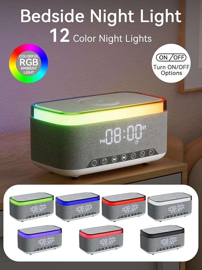 Alarm Clock Bluetooth Speaker with 10w Fast Wireless Charger for iPhone Samsung, 10W Stereo Bluetooth Speaker, 12-Color Night Light, White Noise Machine Digital Clock with FM Radio for Bedroom