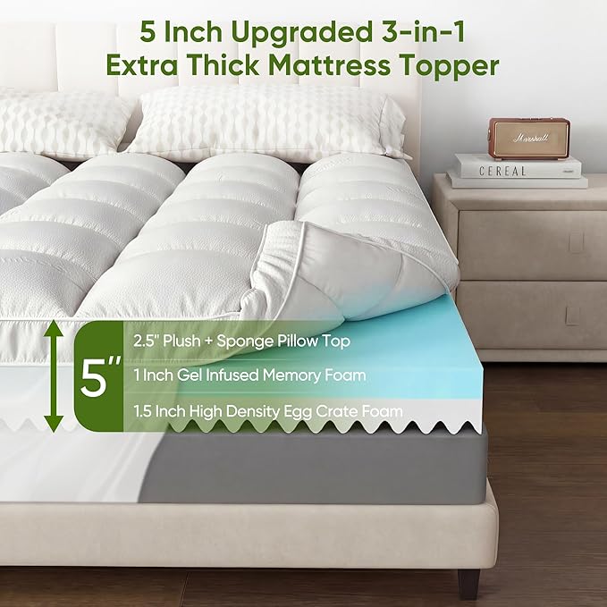 5 Inch Full Size Mattress Topper,Memory Foam Mattress Toppers -2.5" Cooling Gel Foam Mattress Pad+2.5" 1500GSM Thick Bamboo Pillow Top with 2X Soft and Supportive for Back Pain Relief,75 * 54 * 5in