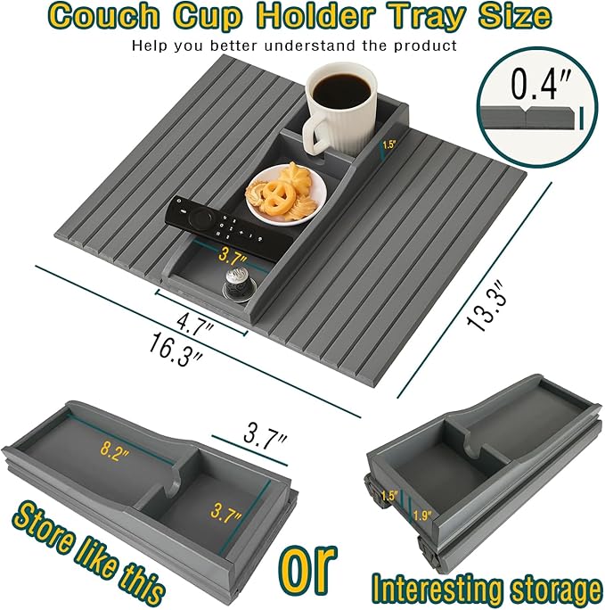 Bamboo Couch Cup Holder Arm Tray Table，Couch Drink Holder，Sofa Cup Holder Armrest Tray，Anti-Slip Foldable Arm Chair Table Tray Recliners for Drink,Cups, Snacks, Phone, Remote (Gray)