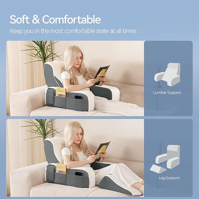 Kayfia Reading Pillow, 10 in 1 Back Pillow for Bed Sitting up with Detachable Arms Rest, Back Rest Pillow with Gel Memory Foam,for Reading/Gaming/Working in Bed or Couch 19", White