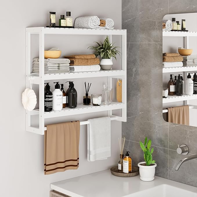 RRX Bathroom Shelf Storage Organizer, Bathroom Shelf 3-Tier Adjustable Layer Bamboo Organizer with Bar,Hanging, Freestanding Over Toilet Utility Shelves,White
