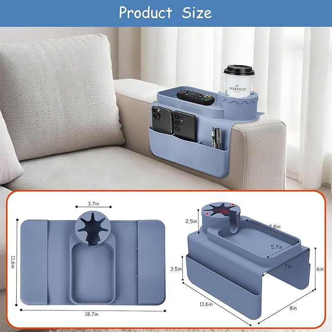 Silicone Couch Cup Holder Tray, Dirt-Resistant Silicone Couch Arm Tray for Remote, Anti-Spill Cup Holder and Anti-Slip Sofa Caddy for Snacks, Cellphone and iPad (Light Gray)