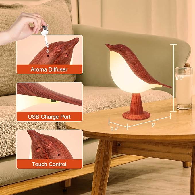 Deogos 2 Cute Bird Lamps Combo,Small Bedside Lamps with 3 Color Temperature and Adjustable Brightness,Rechargeable Cordless Lamp for Bedroom Nightstand Bedside Table (Wood Tone + Red)