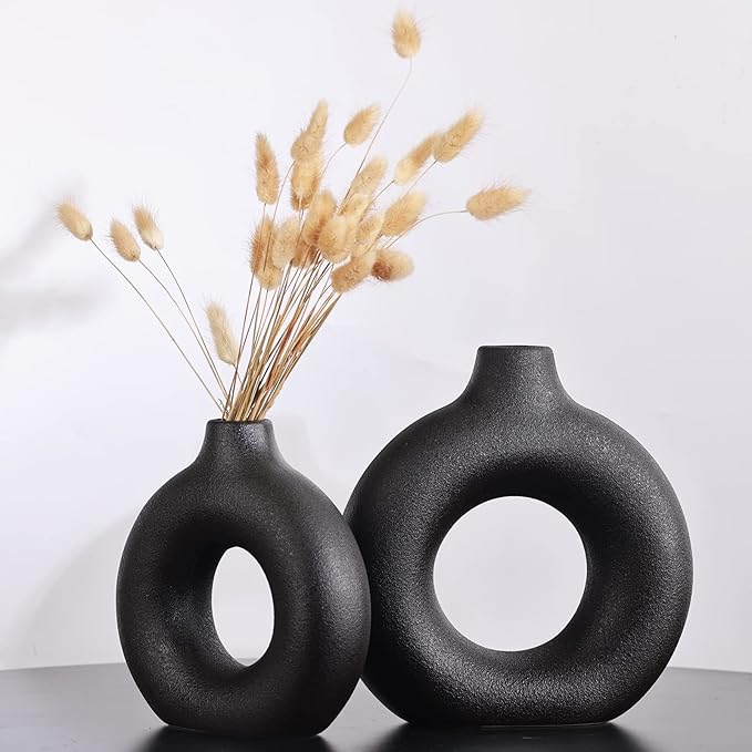 Matte Black Ceramics Vase for Home Decor,Minimalist Nordic Hollow Donut Vase Set of 2,Modern Boho Decor for Kitchen Table Centerpiece,Living Room,Fire Place,Bookshelf,Office,Entryway,Console