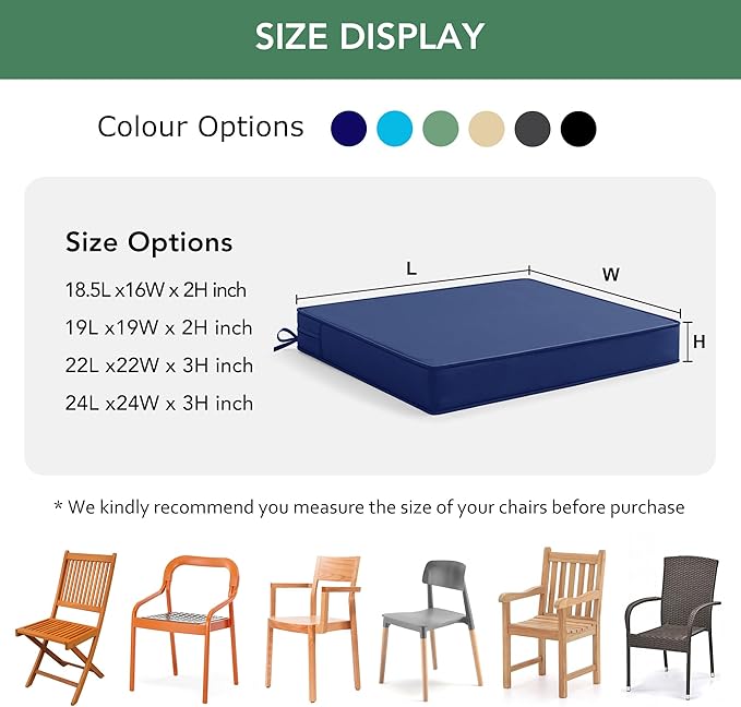 Summsun Outdoor Chair Cushions Set of 6: Waterproof & Color Fastness Seat Cushion for Patio Furniture - 22 x 22 x 3 Inch Chair Pads with Ties and Hidden Zipper - Patio Chair Cushion Replacement, Navy
