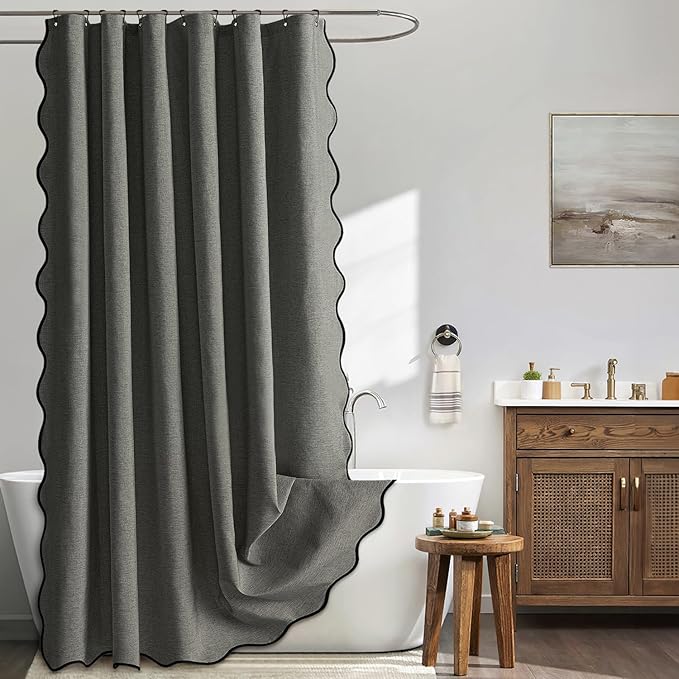 MIULEE Charcoal Grey Scalloped Shower Curtain Linen Textured with 12 Metal Hooks Cute Heavy Duty Washable Waterproof Thick Cloth Shower Curtains with Black Border for Bathroom Hotel Bathtub,W72*L72