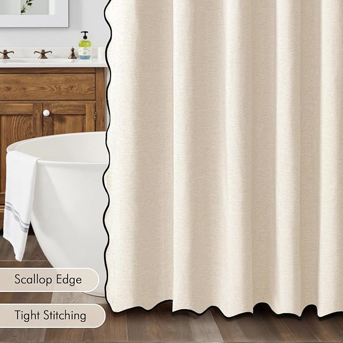 MIULEE 84" Long Scalloped Shower Curtain Linen Textured with 12 Metal Hooks Cute Extra Long Heavy Duty Washable Waterproof Cloth Shower Curtains with Black Border for Bathroom Hotel,Cream White