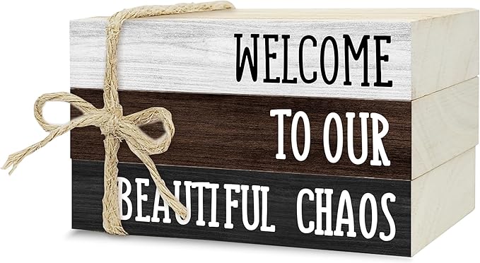 Ycyfckdr Decorative Wood Book Stack for Home, Welcome to Our Beautiful Chaos, Rustic Table and Living Room Bookshelf Farmhouse Decor (L66)