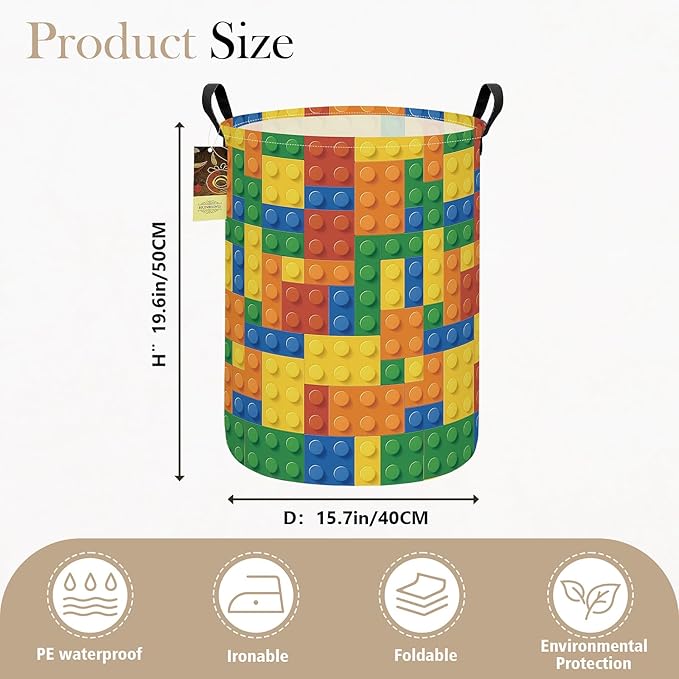 HUNRUNG Collapsible Fabric Storage Basket, Waterproof Laundry Hamper with Handles, Round Storage Bin for Clothes Toys, Foldable Organizer for Bedroom Nursery Bathroom(Round-Colorful Blocks)