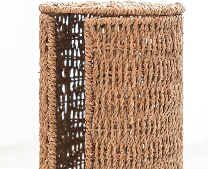 PINXIURY Seagrass Toilet Paper Holder with Storage, 3 Rolls of Wicker Toilet Paper Holder for Bathroom and Under Sink, Handmade Woven Toilet Paper Rolls Holder Stand