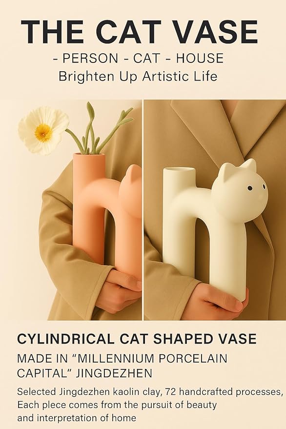Cat Vase for Flowers, Cute Ceramic Vase Decor for Home, Pink Vase for Shelf Desk Bedroom, Cat Lover Gifts for Women, Cat Mom Gifts, Flower Vase for Dried Flowers, Pampas Grass