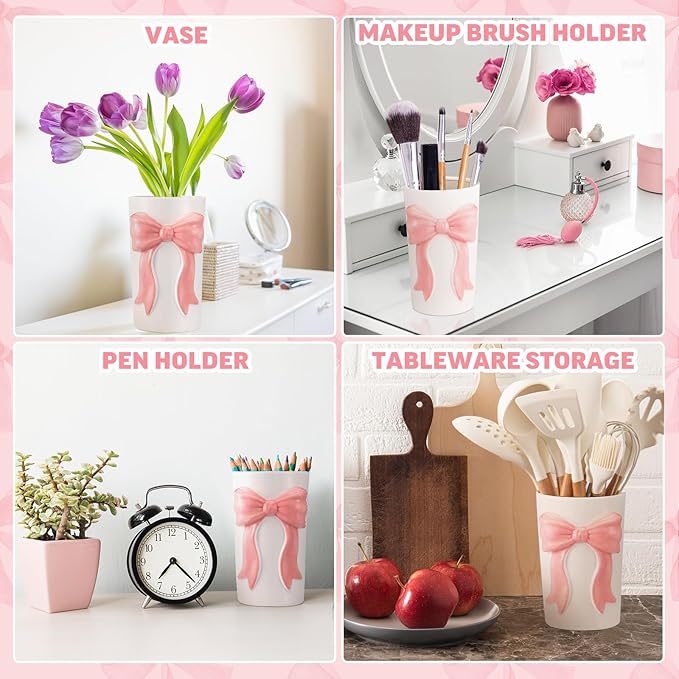LemonRoad Pink Bow Ceramic Utensil Holder 3D Coquette Handmade Pink Kitchen Decor Mothers Day Kitchen Gifts Cooking Utensil Crock with Scalloped Preppy Caddy Pen Holder Vase for Countertop Spoon