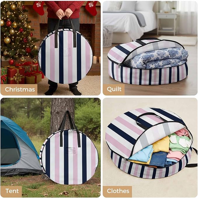 Storage Bag Navy Blue Pink Stripes Round Storage Totes Bins Closet Organizers with Zippers & Handle Contrast Striped Clothes Storage Container for Bedroom Dorm Space Saving Packing Supplies Bags
