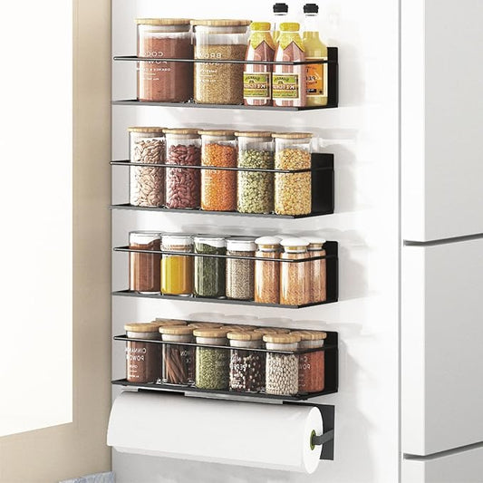 Magnetic Spice Rack For Refrigerator, Space Saving Magnetic Shelf For Fridge Matt Black 4 Pack With Magnetic Paper Towel Holder