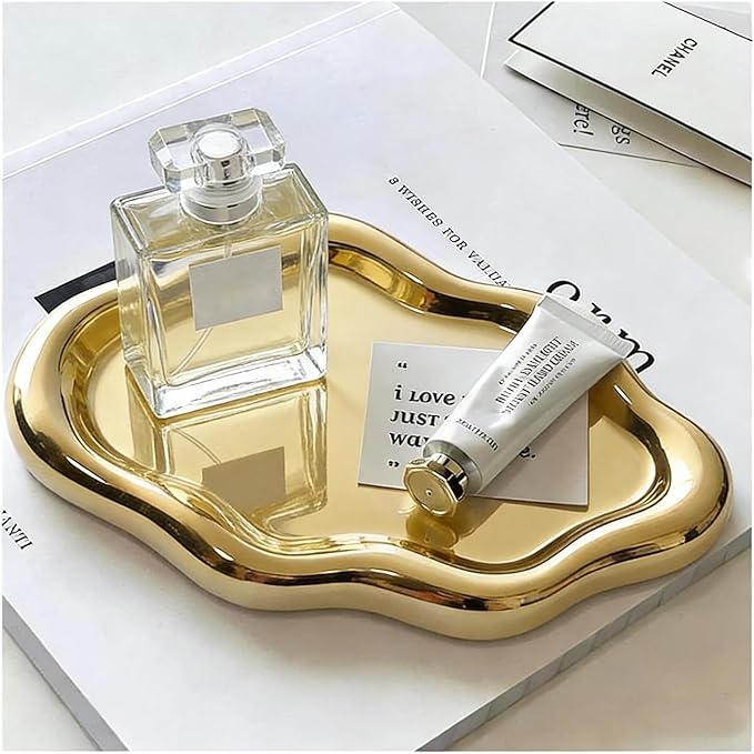 Jewelry Tray for Women, Cloud Shape Ceramic Trinket Dish, Jewelry Organizer Storage Holder for Ring Earring Bracelet Necklace, Make Up Organizer (White) (Gold)
