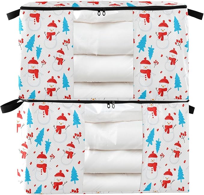 Burbuja 2 Pack Storage Bag Organizer with Handles for Clothes, Blankets, Bedding, Snowmen Tree Foldable Storage Bag with Zipper & Clear Window, 95L