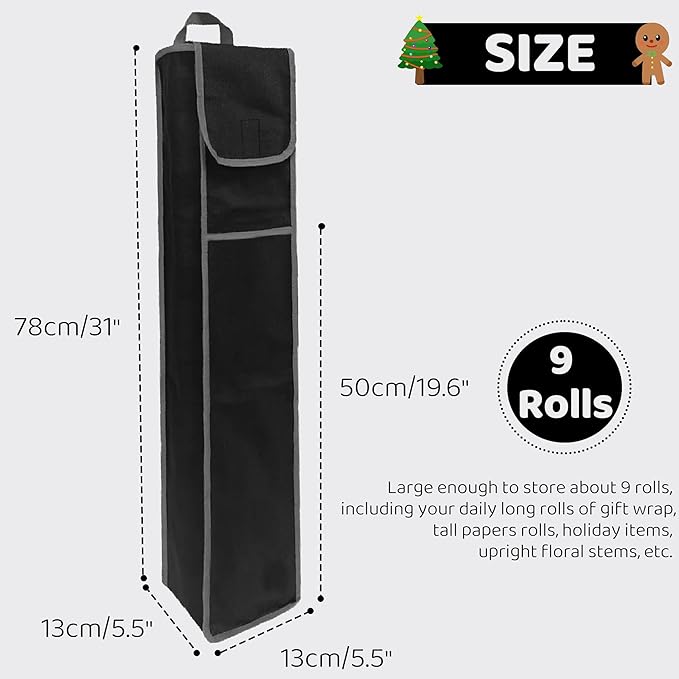 OUTTDID Wrapping Paper Storage Bag 31", Gift Wrapping Paper Organizer Storage Containers with Pocket for Crafts Poster Tools, Christmas Wrap Paper Holder fits for 9 Standard Rolls, Black
