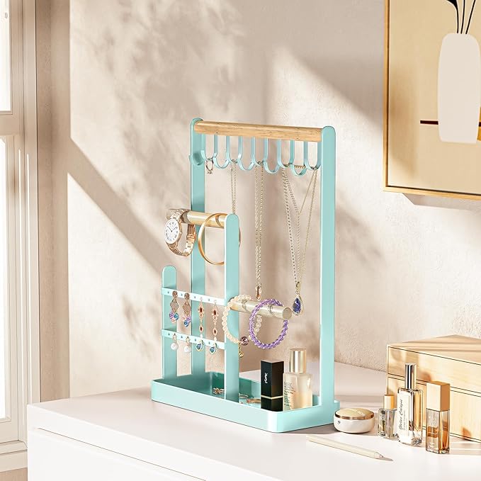 ProCase Jewelry Stand Holder Organizer, 4-Tier Necklace Holder with Ring Tray, 10 Hooks Necklaces Hanging Small Jewelry Display Storage Tower Tree for Bracelets Earrings Watches -Medium, Aqua