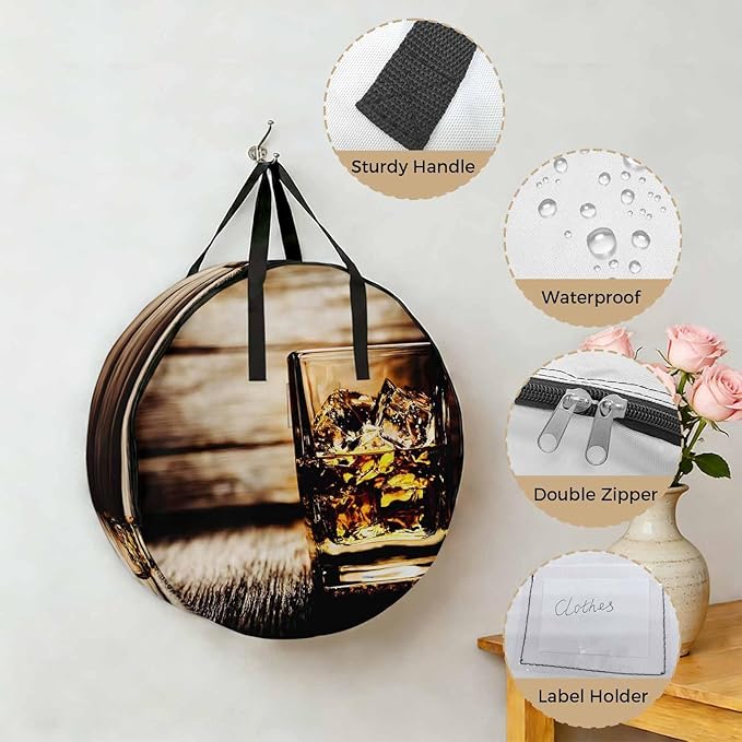 Storage Bag Whisky Glass Cups Round Storage Totes Bins Closet Organizers with Zippers & Handle Wine Wood Grain Clothes Storage Container for Bedroom Dorm Space Saving Packing Supplies Moving Bags