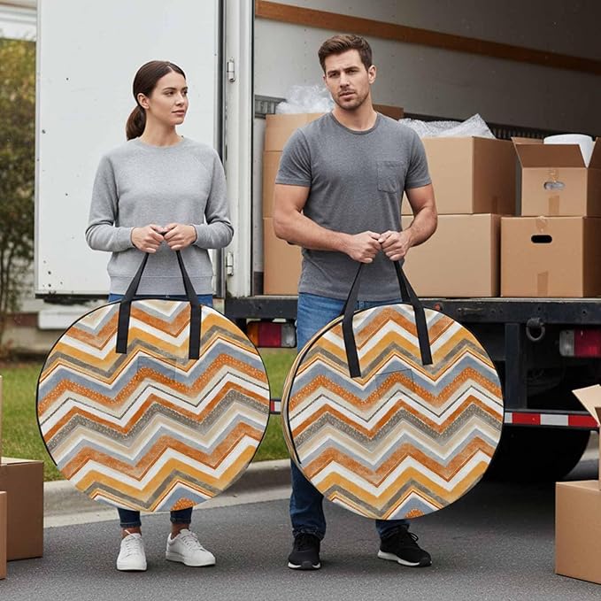Storage Bag Orange Grey Chevron Round Storage Totes Bins Closet Organizers with Zippers & Handle Geometric Design Stripe Clothes Storage Container for Bedroom Dorm Space Saving Packing Supplies Bags