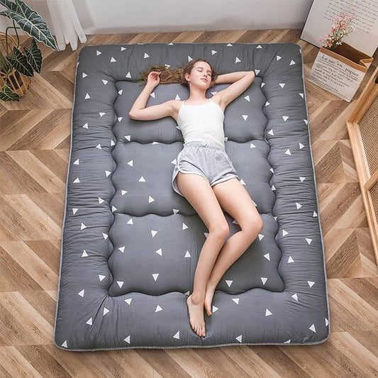 MAXYOYO Grey Triangle Printed Japanese Futon Floor Mattress, Thicken Sleeping Pad Floor Mat Roll Up Camping Guest Mattress Folding Couch, Full Size