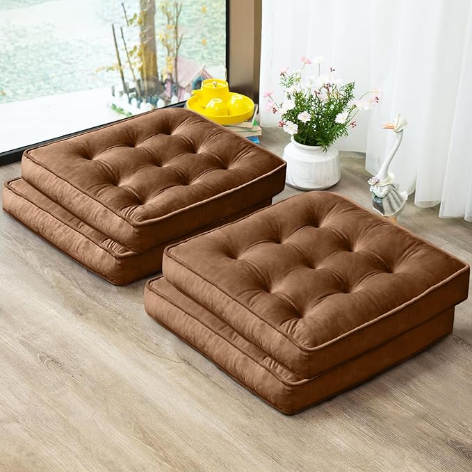 1 MIDDLE ONE Floor Pillow Set of 4, Memory Foam Meditation Cushion, Floor Cushions for Adults Sitting, Large Square Seat Cushions for Yoga, Living Room, 20x20 Inch (Brown)