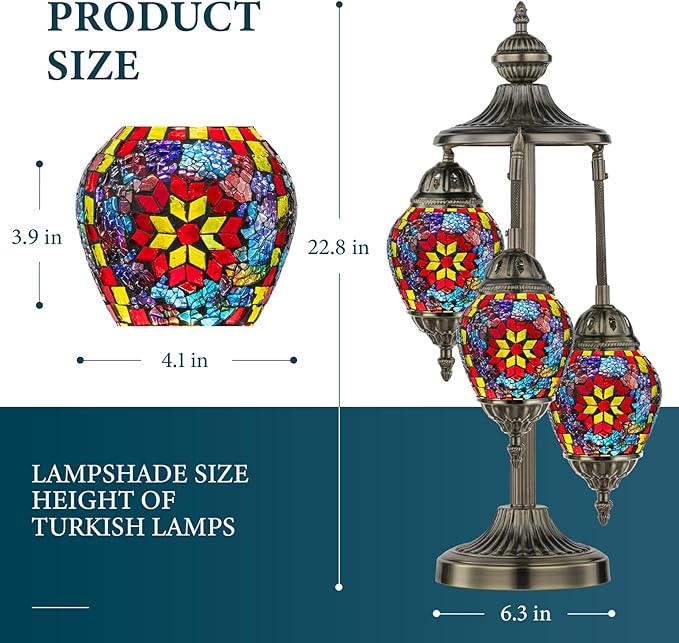 Marrakech Turkish Lamp 3 Globes Moroccan Table Lamp with Bronze Base, 23" Tall Handmade Colorful Tiffany Mosaic Glass Night Light Fixture Including LED Bulb for Living Room Bedroom Decor