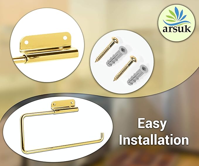 ARSUK Stainless Steel Paper Towel Holder – Wall Mounted or Under Cabinet – Rustproof Kitchen Roll Organizer for RV, Bathroom, Garage – Screws Included – 11.4 x 4.7 inch (Brass)