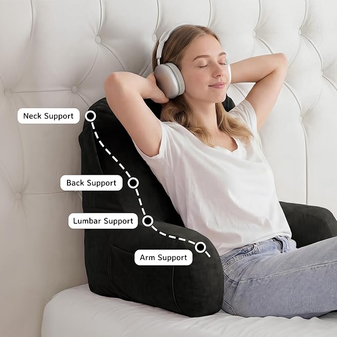 Unisakey Portable Comfy Reading Pillows for Bed Sitting Up(Grey Oeko-Tex), Velvet Back Pillow with Arms & Pockets for Adults, Support Memory Foam Bed Pillow for Dorm/Reading/Watching/Gaming