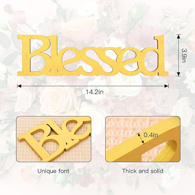 Blessed Letter Table Sign,Rustic Wooden Home Signs Decor (Gold)