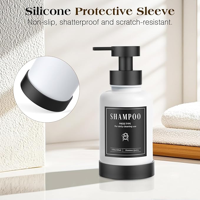 Luxspire Foaming Soap Dispenser, Glass Foam Pump Soap Dispenser, Non-Slip Hand Soap Bottle with 5 Waterproof Labels, 15 Oz Refillable Liquid Soap Bottle for Bathroom & Kitchen, White, 2 Pack