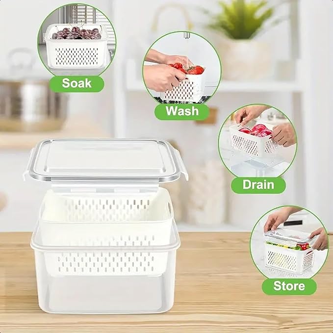 3Pcs Fruit Containers for Fridge with Removable Colanders and Lids, Airtight Storage Container to Keep Fruits, Vegetables, Berry, Meat Fresh Longer, Dishwasher & Microwave Safe