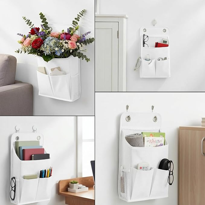 Hanging Basket for Organizing, Hanging Organizer with Pockets, Wall Storage Basket Bedside Caddy Camper Fabric File Organizer Holds Books, Phones, Glasses, Mail, Keys for Home, Office, Dorm (White)
