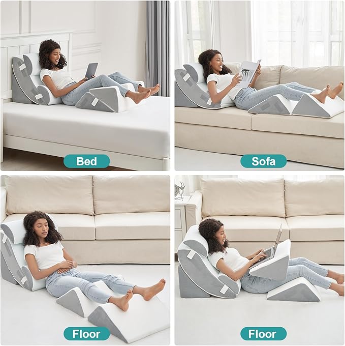 Hansleep Bed Wedge Pillow Set for After Surgery 6PCS, Post Surgery Pillow for Sleep Apnea and Acid Reflux Relief, Adjustable Reading Pillows Back Support with Memory Foam, White, 20"