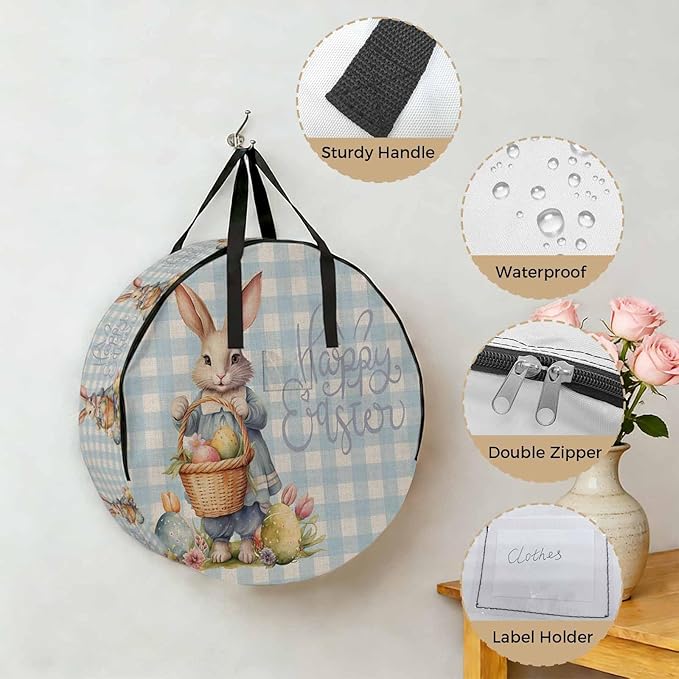 30 Inch Round Storage Bag 1 Pack,Happy Easter Rabbit Egg Basket Waterproof Wreath Storage Container with Handles&Zipper Flower on Blue Checker Closet Organizer Bags Garland Box