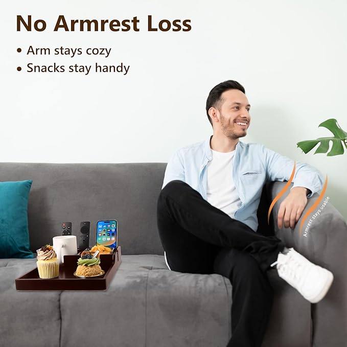 Sofa Insert Tray for Middle Seat,Bamboo Couch Table with 2 Cup Holders,Fits Armless Sofa & Sectionals,Fold-Flat Tray for Drinks,Snacks & Remotes,Brown