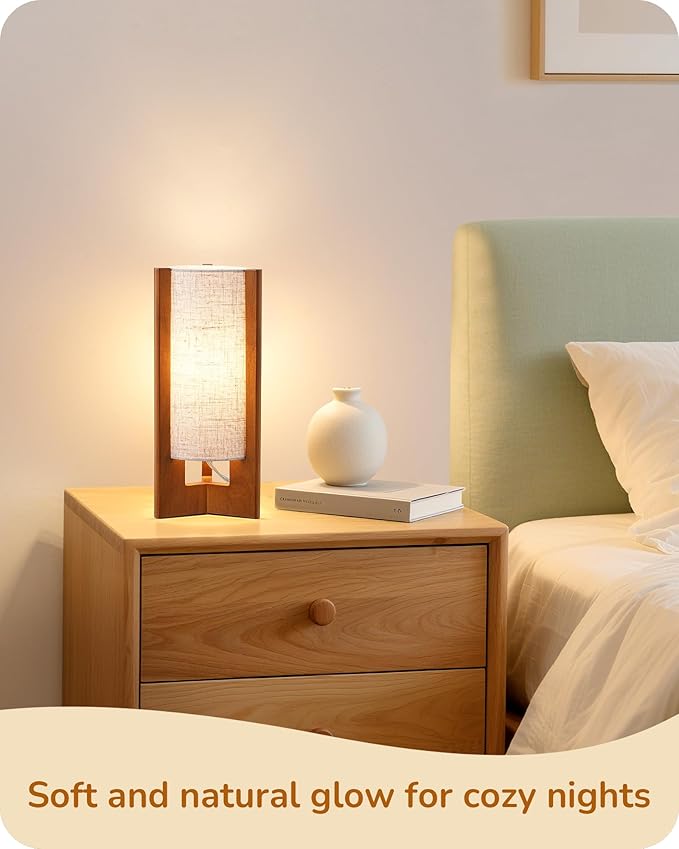 EDISHINE Wood Table Lamps, 13.5" Small Bedside Lamp, Beige Linen Shade, Rose Wood Cylinder Modern Nightstand Lamp for Bedroom Living Room, On-Off Line Switch, E26 Base (Bulb Not Included), 2Pack
