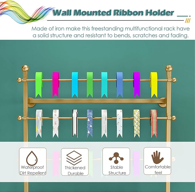 Wall Mounted Ribbon Storage Holder with 5 Hooks, Hang Necktie Display Stand Organizer Shelf for Flower Shop Cake Shop, 5 Tier Metal Wrapping Paper Rack ( Color : Gold , Size : Lxh-70x80cm/27.6x31.5in