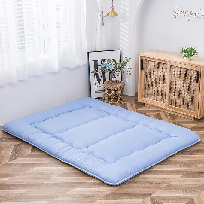 MAXYOYO Japanese Floor Mattress Futon Mattress, Thicken Sleeping Pad Foldable Roll Up Floor Futon for Adults Tatami Mat Dormitory Lounger, Dusty Blue, Full Size