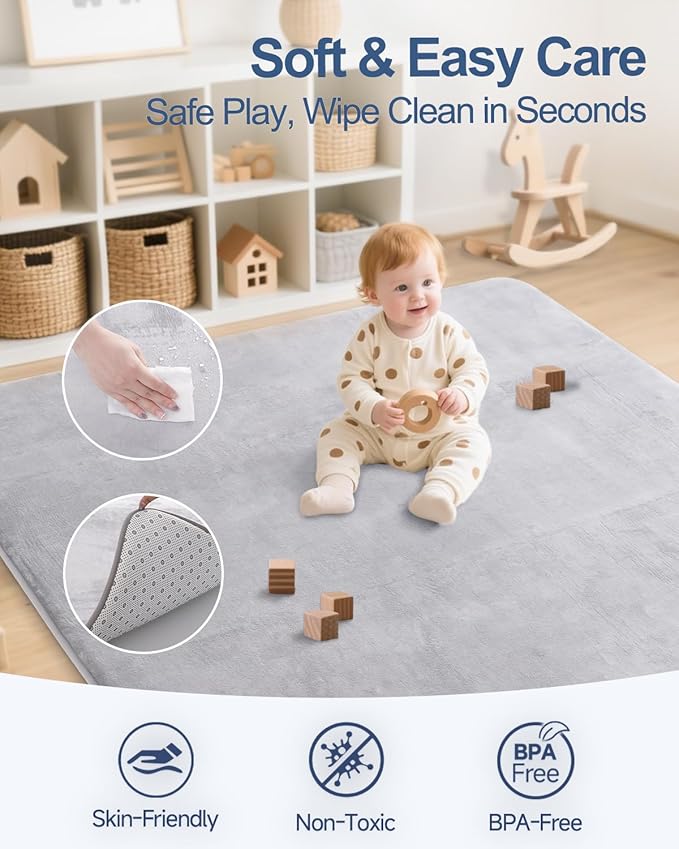 Thick Baby Play Mat for Floor,59 x 71 Playpen Mat,Large Tummy Time Foam Mats,Soft Support & Plush Feel Nursery Kids Rug,Easy Care with Non-Slip Cushioned for Infant,Kids and Toddler Crawling,Grey