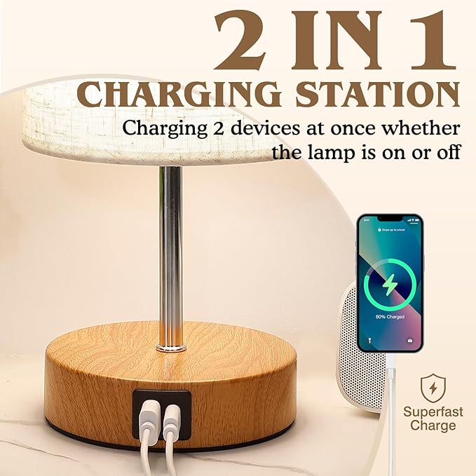 UNIFUN Bedside Table Lamp for Bedroom - 4 Way Dimmable Touch Lamp with USB and Type-C Charge Port,Small Wood Base Round Flaxen Fabric Shade Lamp Living Room,Bedroom Use (Yellow Base, 2Pack)