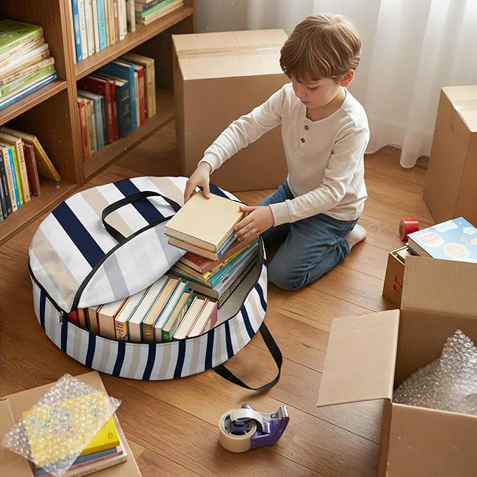 Storage Bag Black Khaki Stripes Round Storage Totes Bins Closet Organizers with Zippers & Handle Contrast Striped Clothes Storage Container for Bedroom Dorm Space Saving Packing Supplies Moving Bags