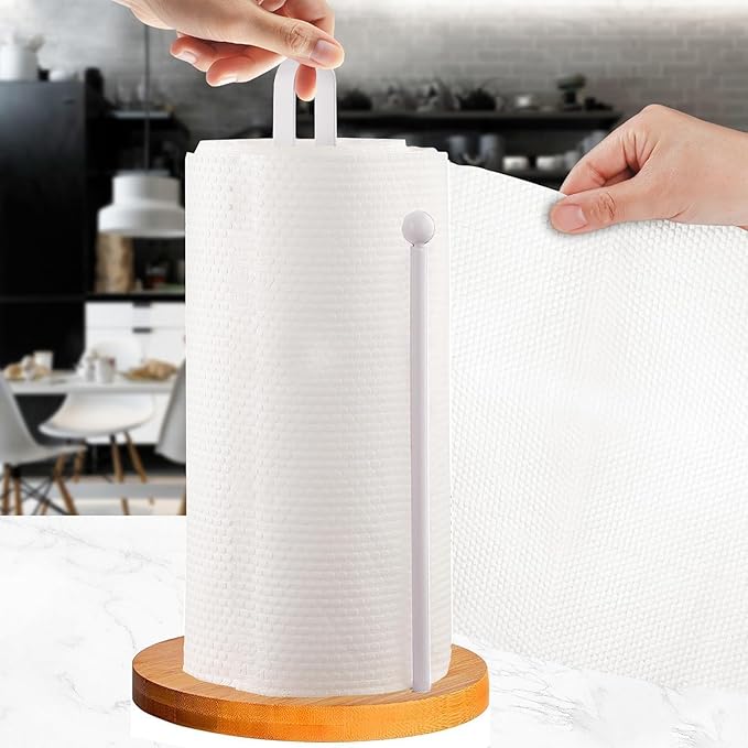 Wooden Paper Towel Holder Countertop, Kitchen-Towel-Holder FreeStanding with Side Bar for Kitchen Bathroom