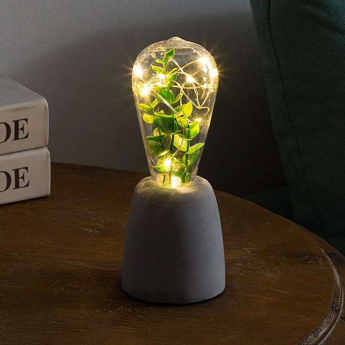 walsport Table Lamp Edison Bulb with Artificial Plant, Concrete Cement Grey Base Nightstand Bedside Lamp, Industrial Minimal Style for Cafe Shop Home Decor Christmas Birthday Gift