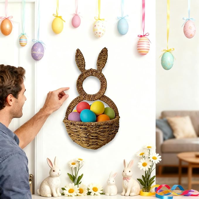 Easter Bunny Wall Basket, 15.8x7.9x3.9 Inch Natural Wicker Woven Rattan Porch Wall Pocket With Rabbit Ears, Decorative Storage Basket, Farmhouse Spring Home Decor