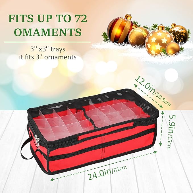 Ornament Storage Box Under Bed 64 Cell Partition 600D Oxford PVC Transparent Window 61x30.5x15cm (Red)