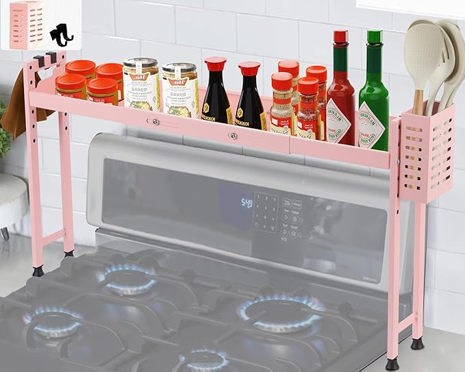 Horynar Over Stove Shelf Stove Top Organizer Shelf for Kitchen with Extra Basket and Hooks Adjustable 27 to 32 Inches Pink Over the Sink Spice Rack for Countertop (Pink)