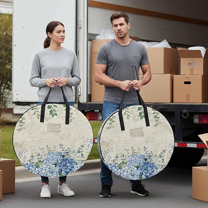 Storage Bag Blue Hydrangea Round Storage Totes Bins Closet Organizers with Zippers & Handle Green Eucalyptus Leaves Vintage Clothes Storage Container for Bedroom Dorm Space Saving Packing Supplies
