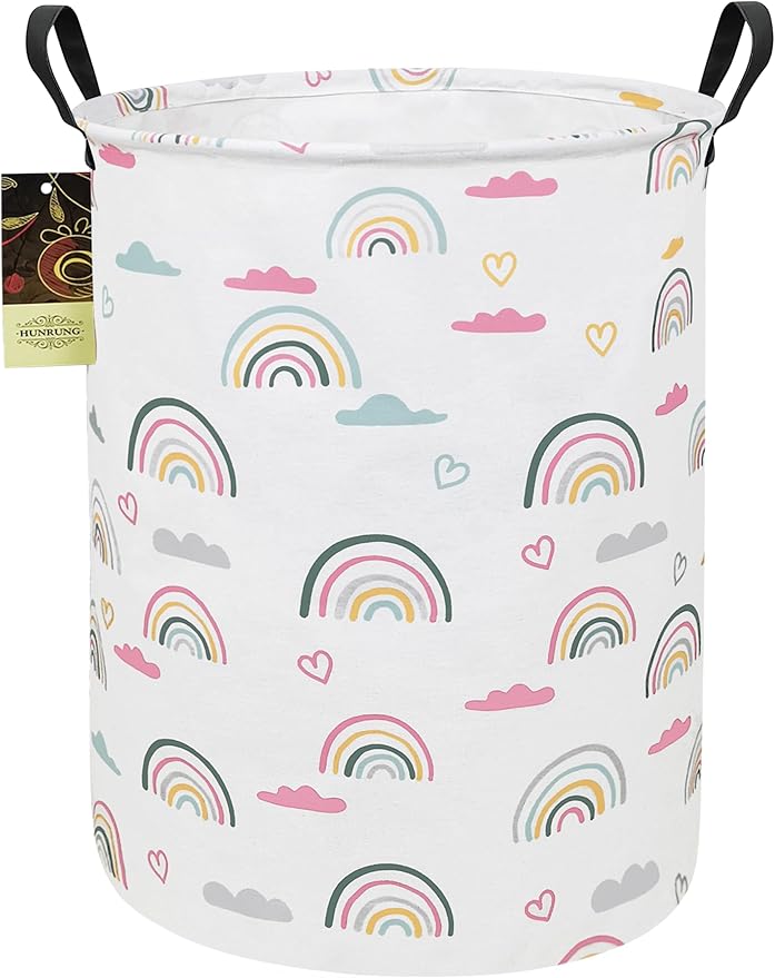 HUNRUNG Collapsible Fabric Storage Basket, Waterproof Laundry Hamper with Handles, Round Storage Bin for Clothes Toys, Foldable Organizer for Bedroom Nursery Bathroom(Round-Rainbow)